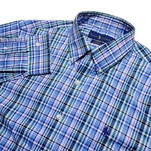 Ralph Lauren Men's M Blue Plaid Slim Fit Performance Button Down Shirt Stretch